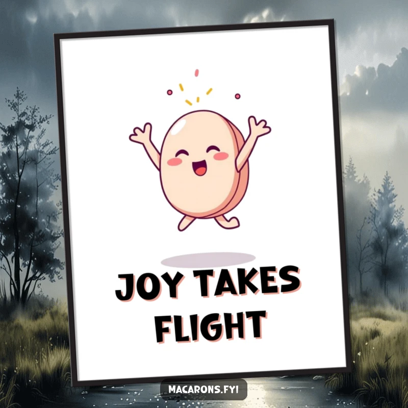Funny Poster: A whimsical macaron character is depicted in mid-air, joyfully leaping and reaching for a tempting falling sprinkle.