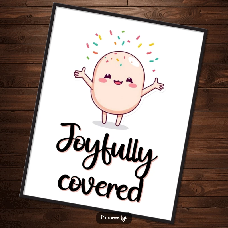 Funny macaron character with open arms, bathed in a delightful shower of colorful sprinkles, showcased in a vibrant art print.