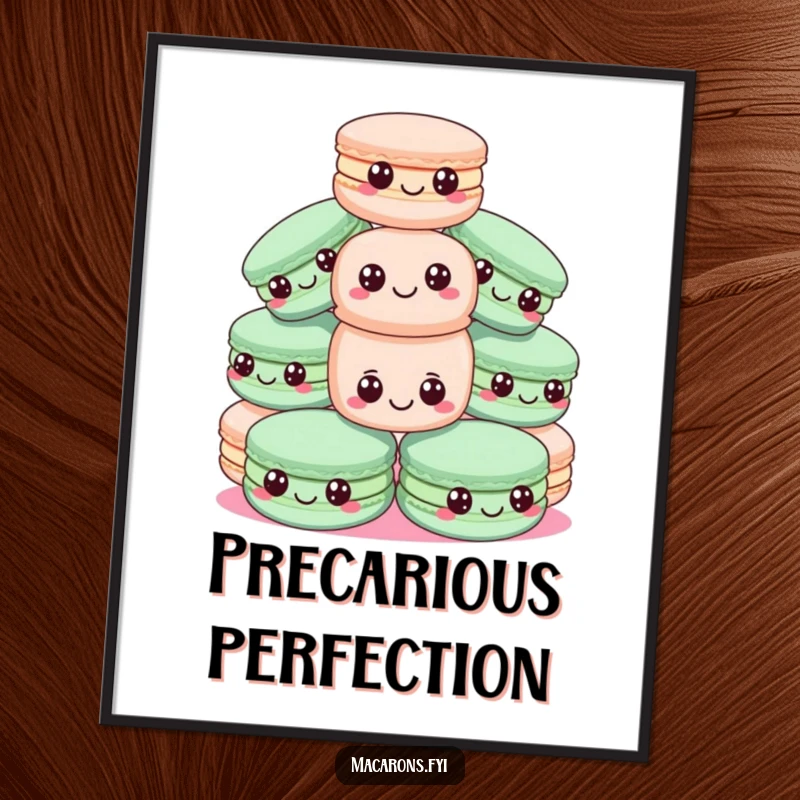 Funny macadamia nut poster featuring a pyramid of wide-eyed, happy macarons, one precariously balanced, showcasing sweet fun.