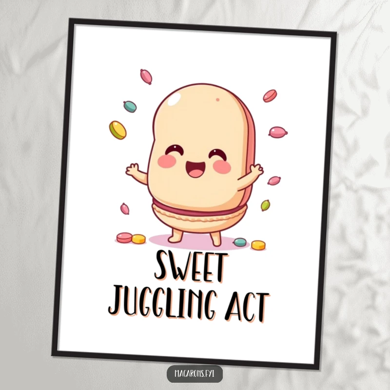 Funny Poster depicting a macaron character skillfully juggling various colorful candies with a happy, focused expression.
