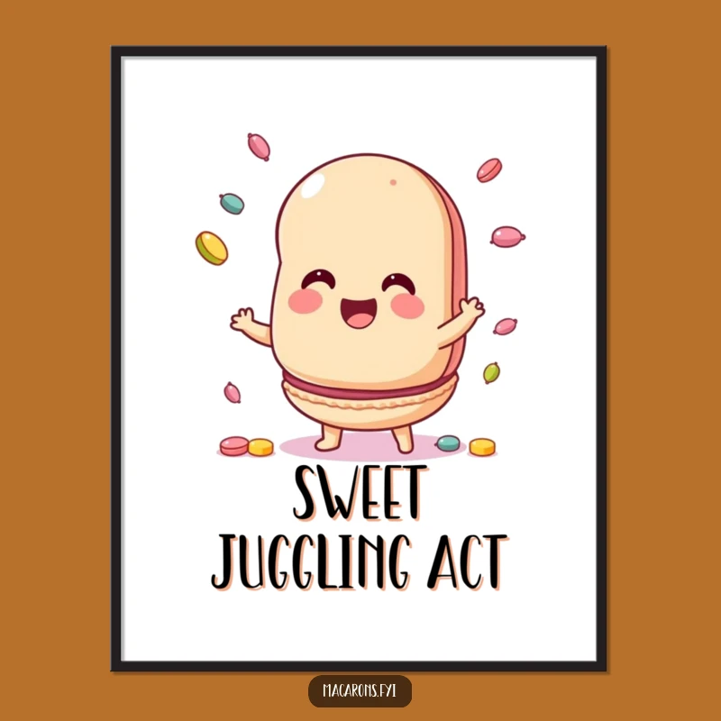 Funny Macaron Juggling Candy Poster: Delightful Dessert Art, Adds Sweet Fun, Perfect Funny Gift!