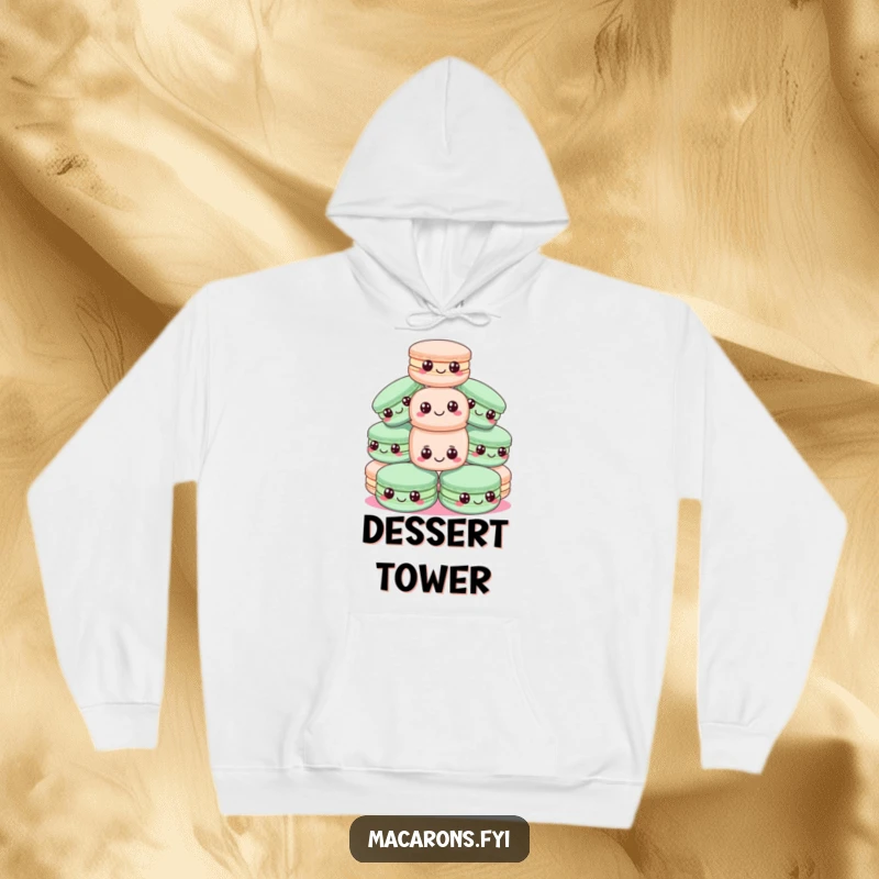 Funny macadamia nut hoodie showing a pyramid of happy macarons, one precariously balanced, offering cozy, unstable fun.