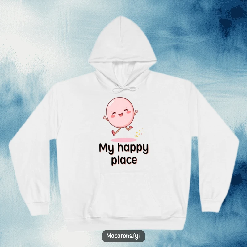 Funny macaron character skipping happily, leaving a trail of glittering dust, featured on a soft, warm hoodie.