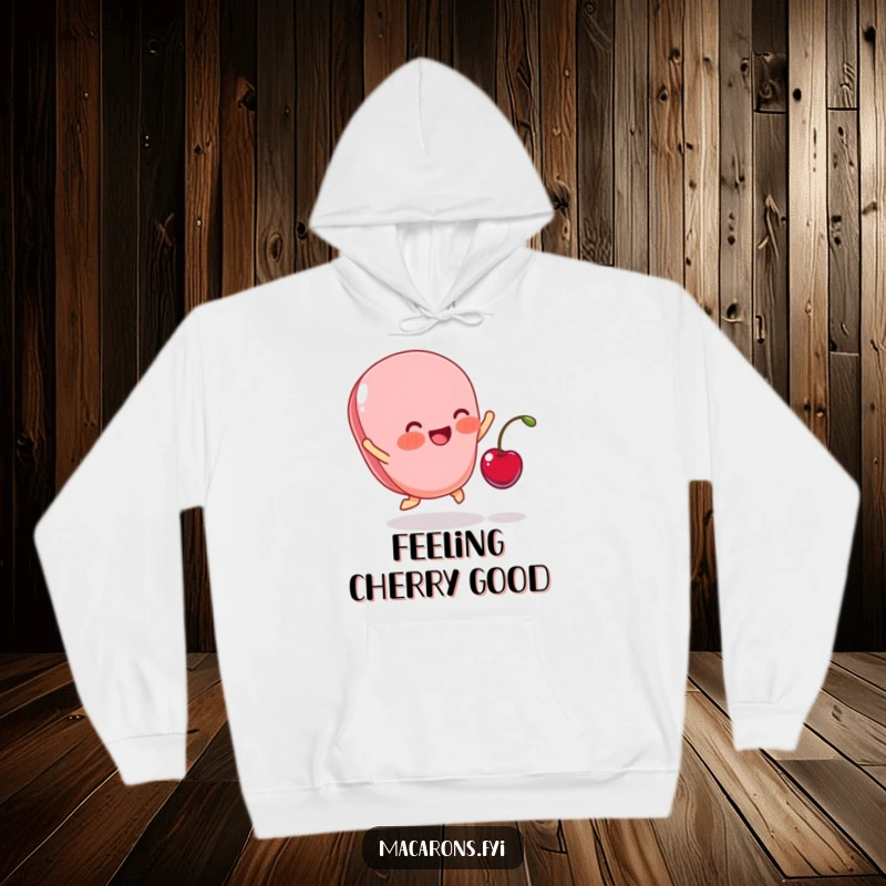 Funny hoodie depicting a blushing macaron in mid-air, ecstatic as a cherry lands, radiating pure joy and sweetness.