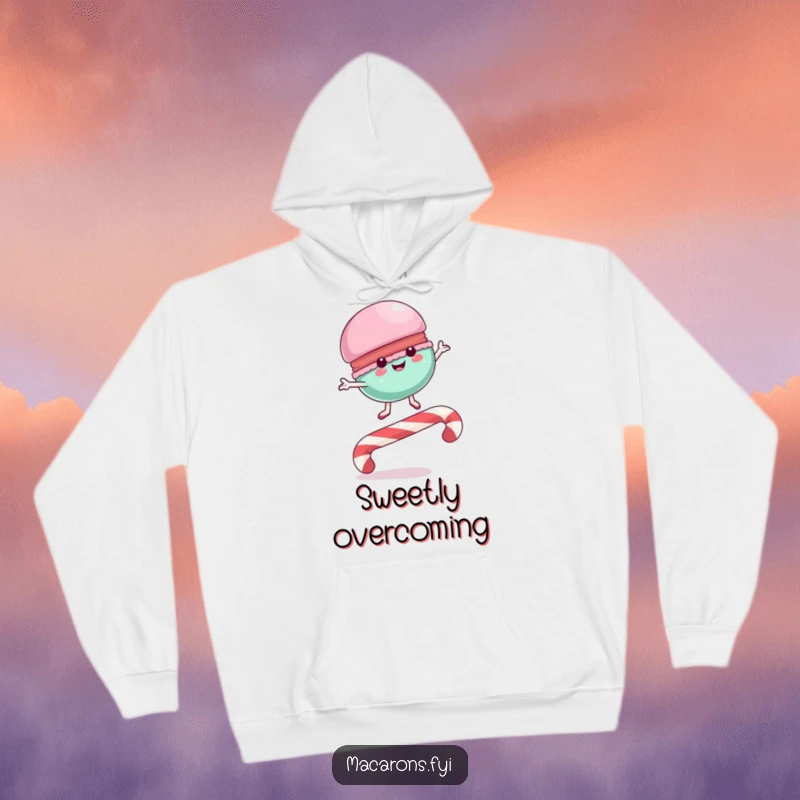 Funny Hoodie featuring a macaron character leaping over a candy cane, designed for warmth and playful sweet vibes.