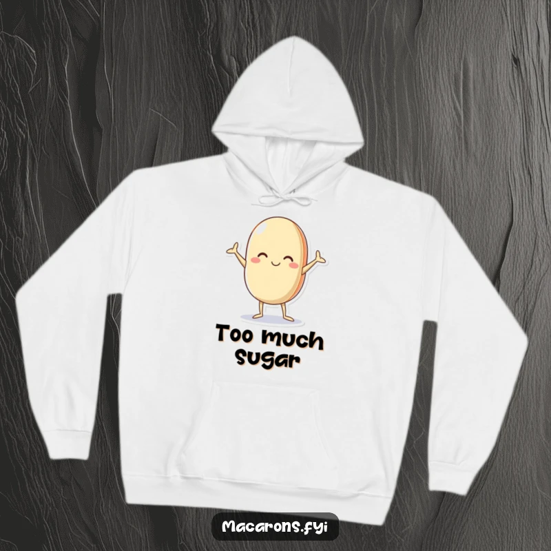 Funny macaron hoodie with a cheerful character in a wacky, legs and arms akimbo pose, offering ultimate comfort and humor.