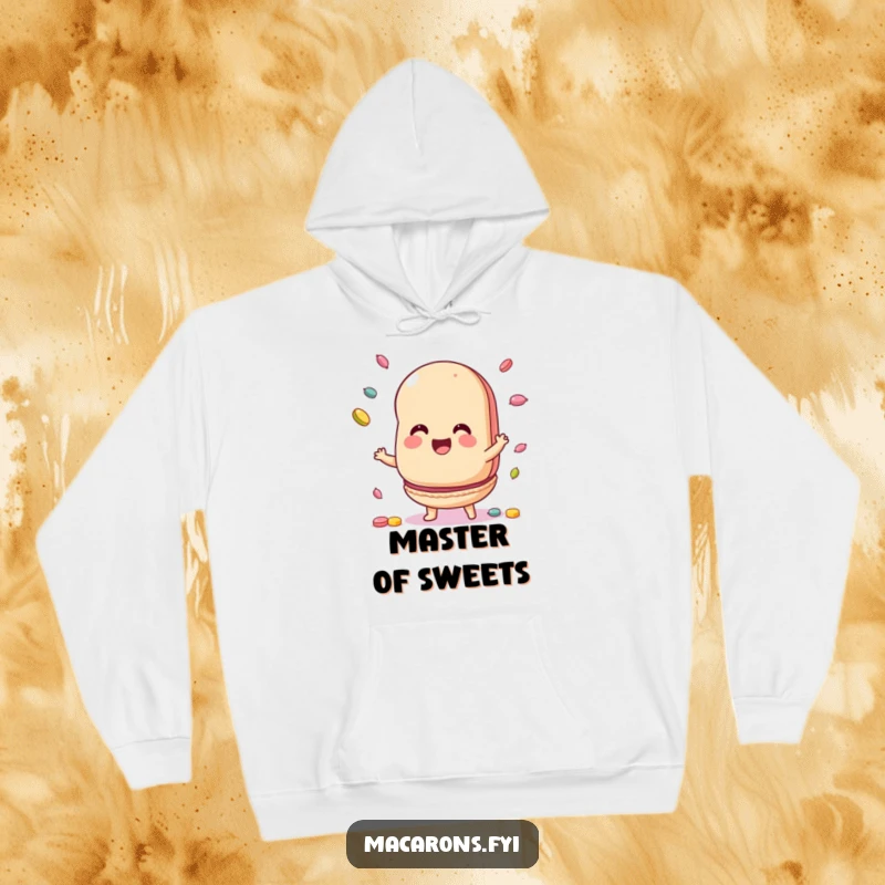 Funny Hoodie featuring a macaron character engrossed in juggling colorful candies, perfect for staying warm and entertained.