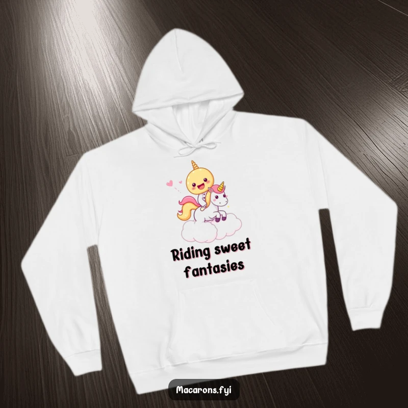 Funny Hoodie featuring a macaron character riding a unicorn through candy clouds, designed for warmth and magical enchantment.