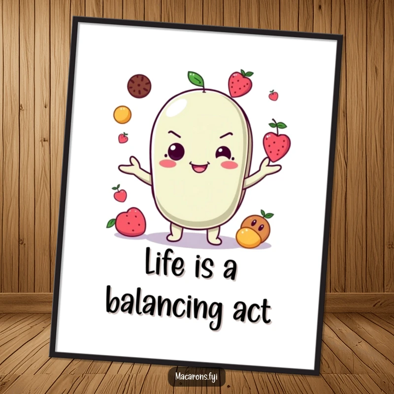 Funny Free Printable Wall Art: A macaron character with a mischievous smile expertly juggling a pile of small, colorful fruits.