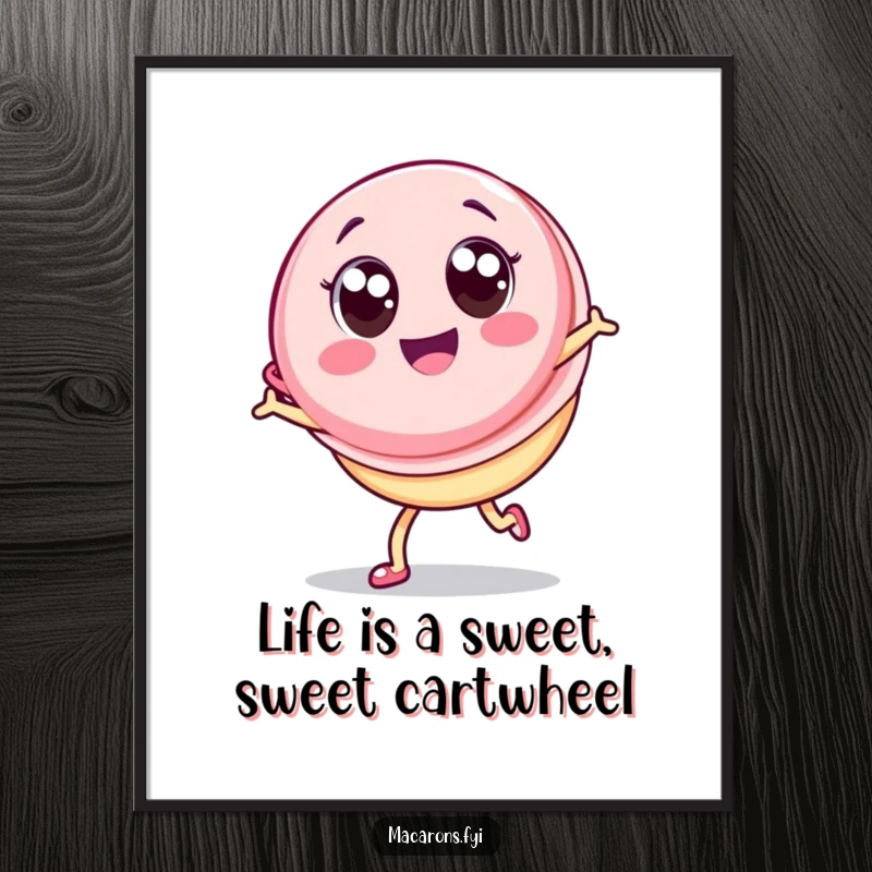 Funny Free Printable Wall Art featuring a kawaii macaron character doing a cartwheel with pure joy and big, expressive eyes.
