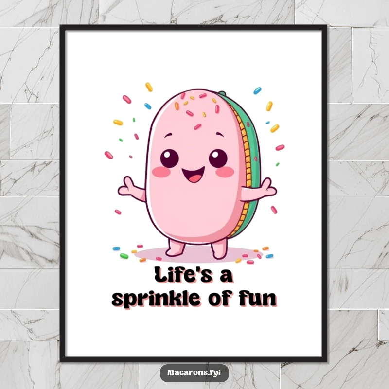 Funny Free Printable Wall Art of a kawaii macaron character juggling a cascade of colorful sprinkles with a joyful, wide grin.