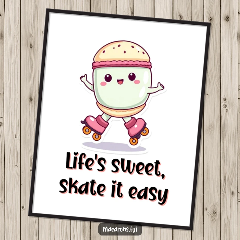 Funny Free Printable Wall Art: A happy macaron character joyfully spinning around on roller skates.