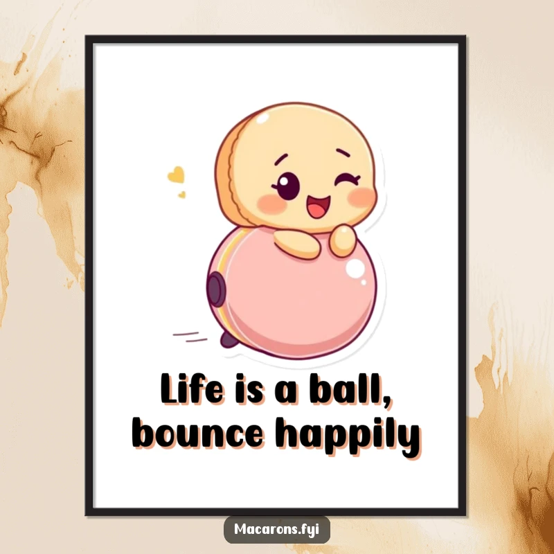 Funny Free Printable Wall Art: Playful macaron character winking as it rides a bouncing ball with pure glee. A fun downloadable.