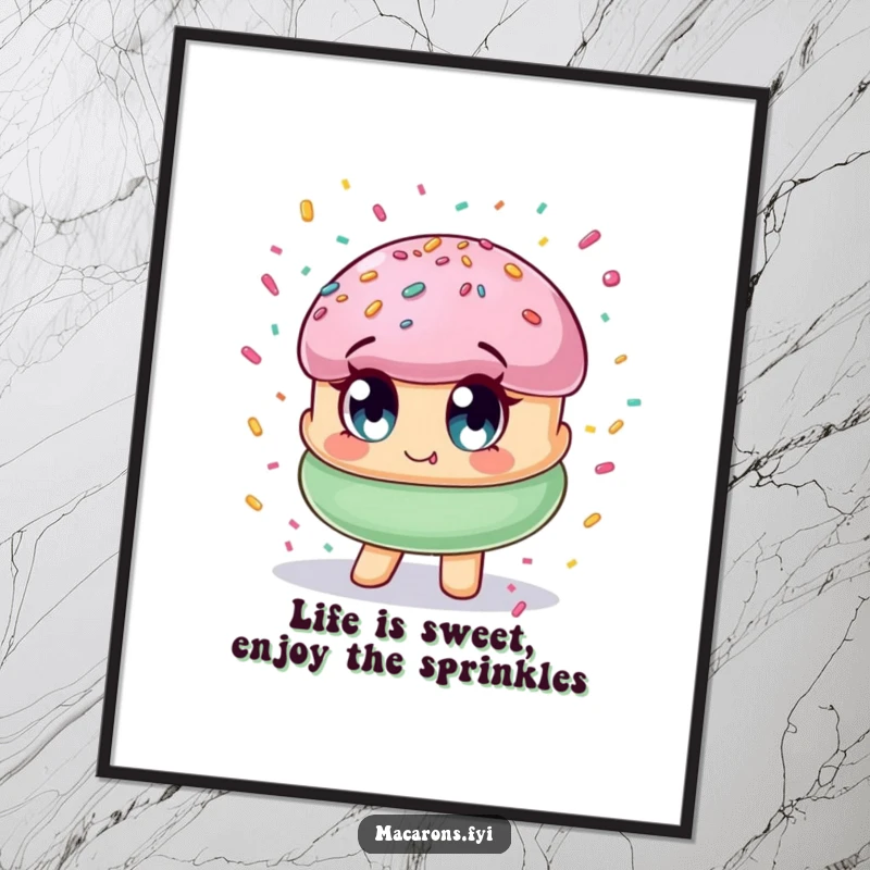 Funny Free Printable Wall Art: Cheerful macaron character joyfully covered in a cascade of colorful confetti. A downloadable delight.