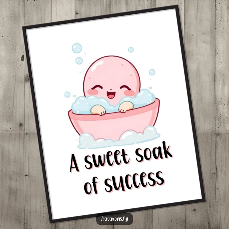 Funny Free Printable Wall Art depicting a joyful macaron character blissfully enjoying a bubbly bath, radiating pure happiness and relaxation.