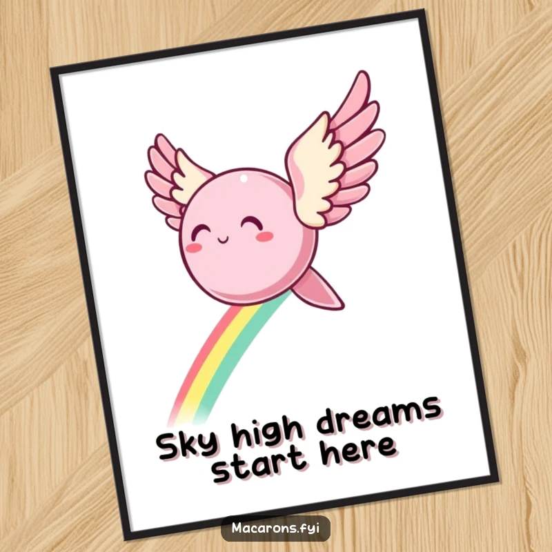 Funny Free Printable Wall Art: A cute macaron character with wings flying gracefully, leaving a vibrant rainbow arc in its wake.