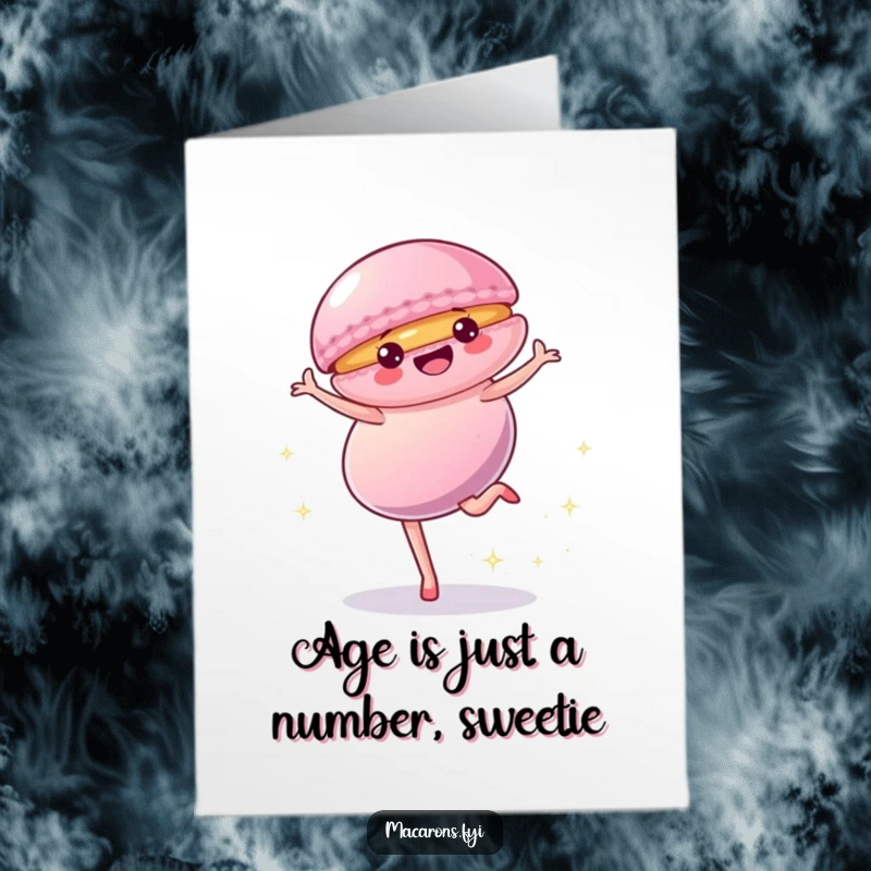 Funny Free Printable Birthday Card: Energetic macaron doing a cartwheel with sparkling trails, ready to celebrate.