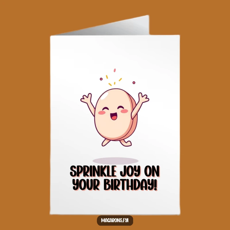 Free Printable Birthday Card: Joyful Macaron Leaping for Sprinkles Funny Downloadable Gift