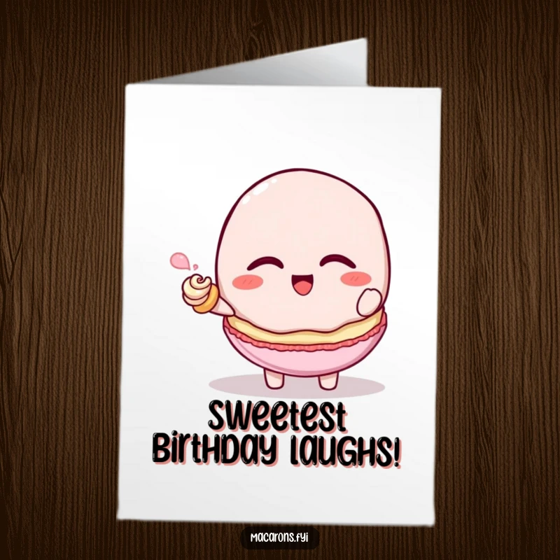 Funny Free Printable Birthday Card: A macaron character giggling uncontrollably while being tickled by a playful frosting swirl.