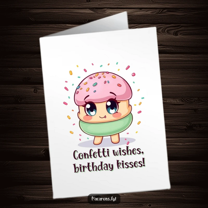 Funny Free Printable Birthday Card: Wide-eyed macaron character happily covered in colorful confetti, celebrating. A downloadable joy.