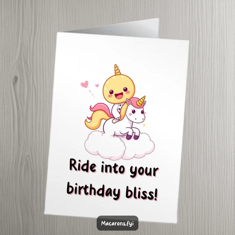 Funny Free Printable Birthday Card: A macaron riding a unicorn through a fluffy candy cloud, celebrating joyfully.
