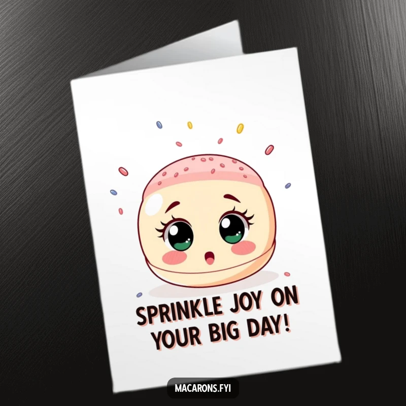 Funny Free Printable Birthday Card featuring a wide-eyed surprised macaron under a shower of tiny sprinkles, a fun treat.