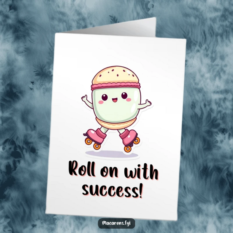 Funny Free Printable Congratulations Card: Macaron character happily spinning on roller skates, celebrating an achievement.