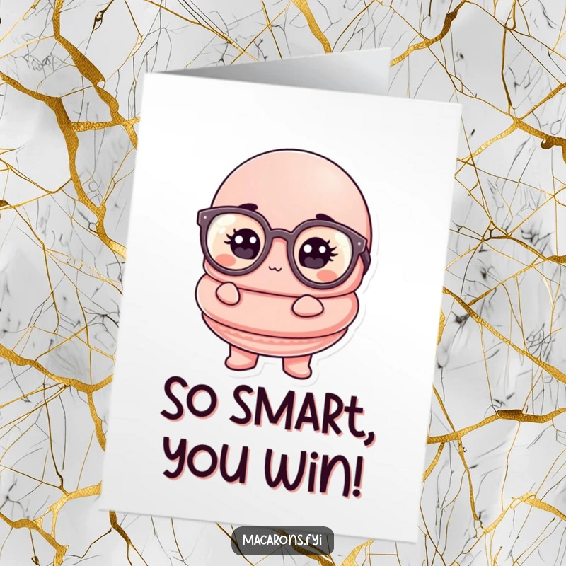 Free Printable Congratulations Card: Comically thoughtful macaron character wearing oversized glasses, celebrating intelligence and success.