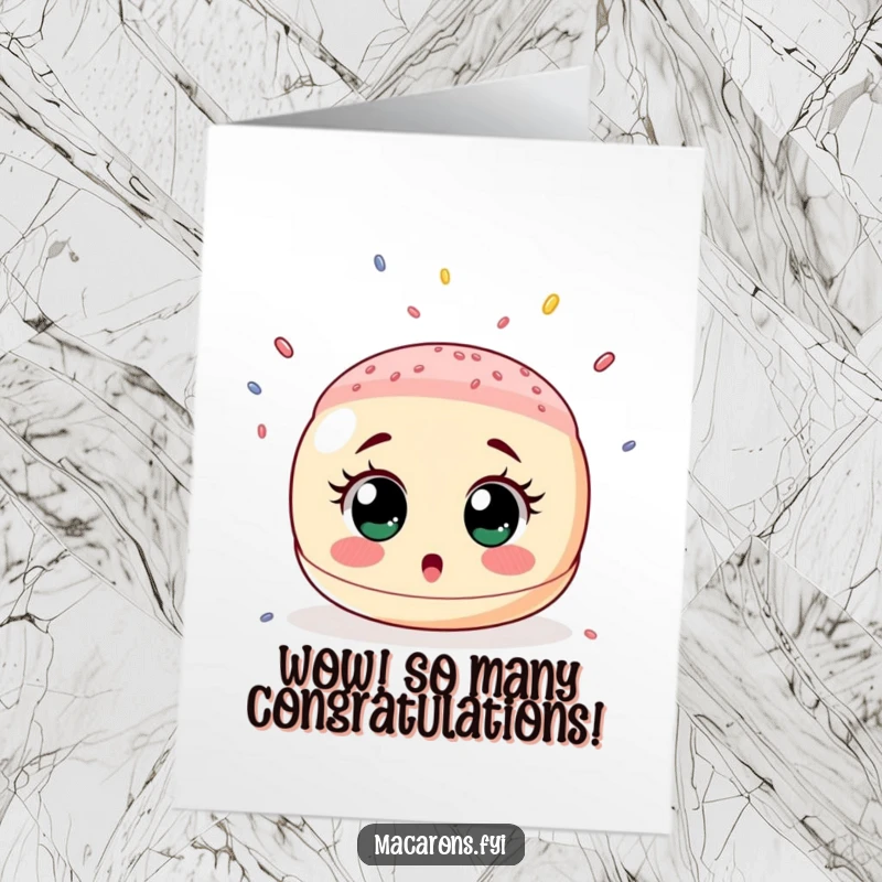 Funny Free Printable Congratulations Card showing a surprised macaron caught in a tiny sprinkle rain, perfect for celebrating big news.