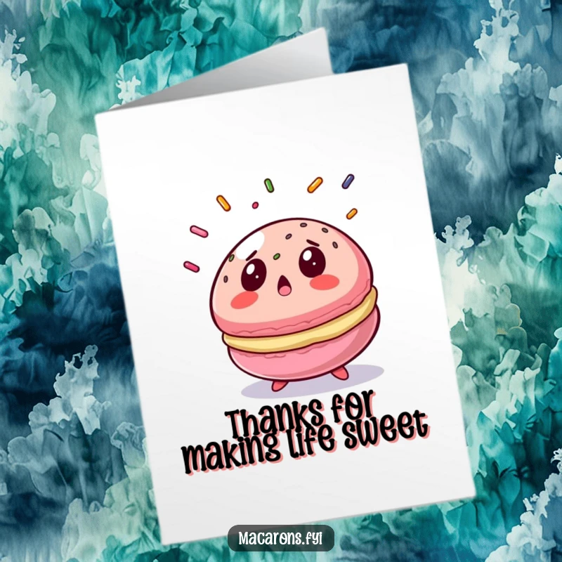 Funny Free Printable Thank You Card: A colorful macaron gasps in delight at a sprinkle shower, perfect for gratitude.