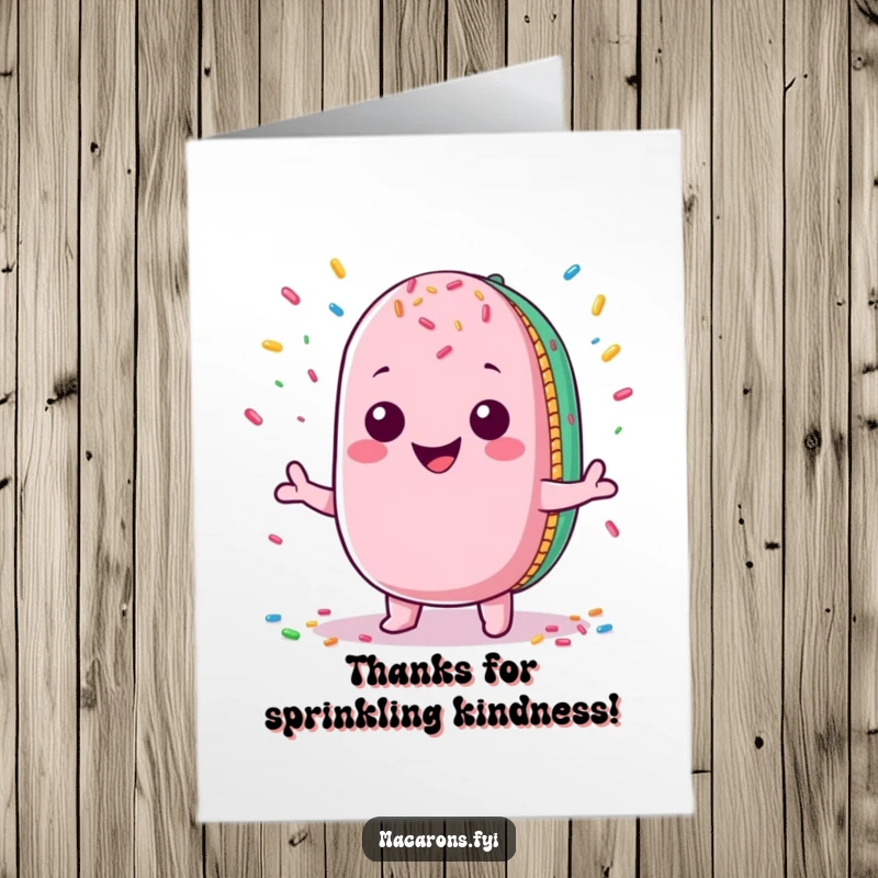 Funny Free Printable Thank You Card depicting a kawaii macaron character juggling colorful sprinkles with a broad, happy smile.