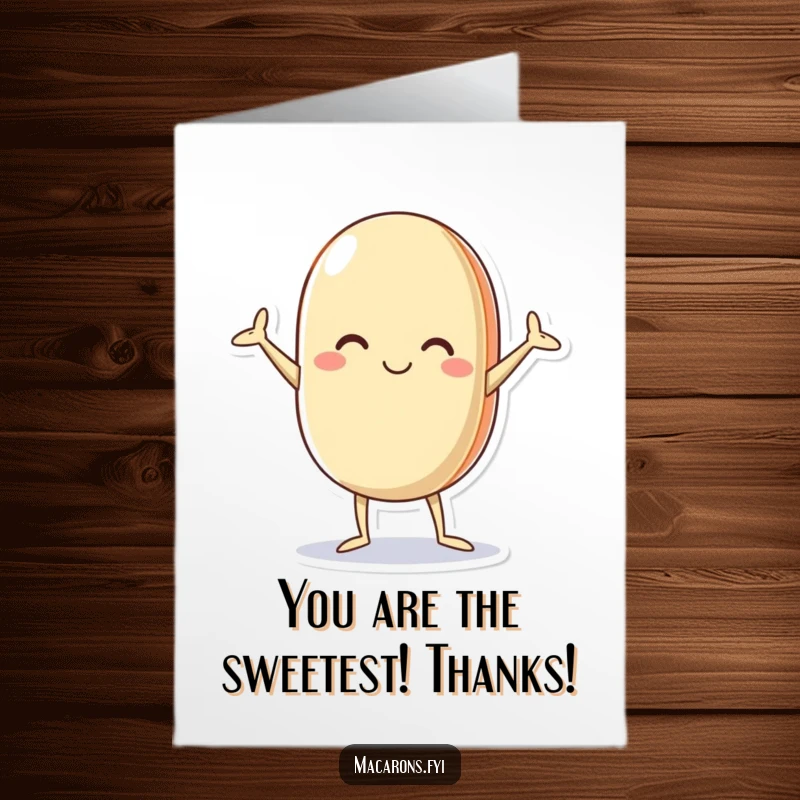 Funny Free Printable Thank You Card: A cute macaron character attempting a silly pose to express heartfelt thanks with humor.