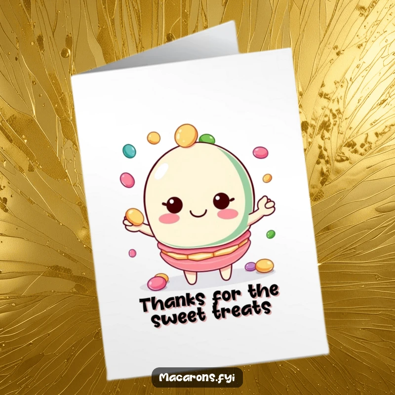 Funny Free Printable Thank You Card: Macaron character smiling widely while juggling small colorful candies, a sweet gesture of thanks.