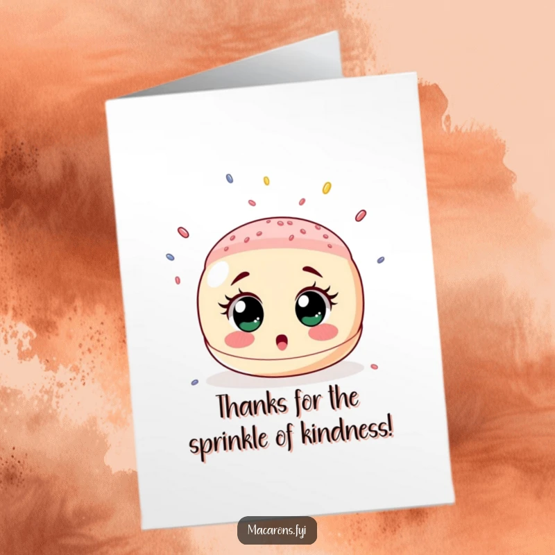 Funny Free Printable Thank You Card of a surprised macaron enjoying a rain of tiny sprinkles, a charming gift of thanks.