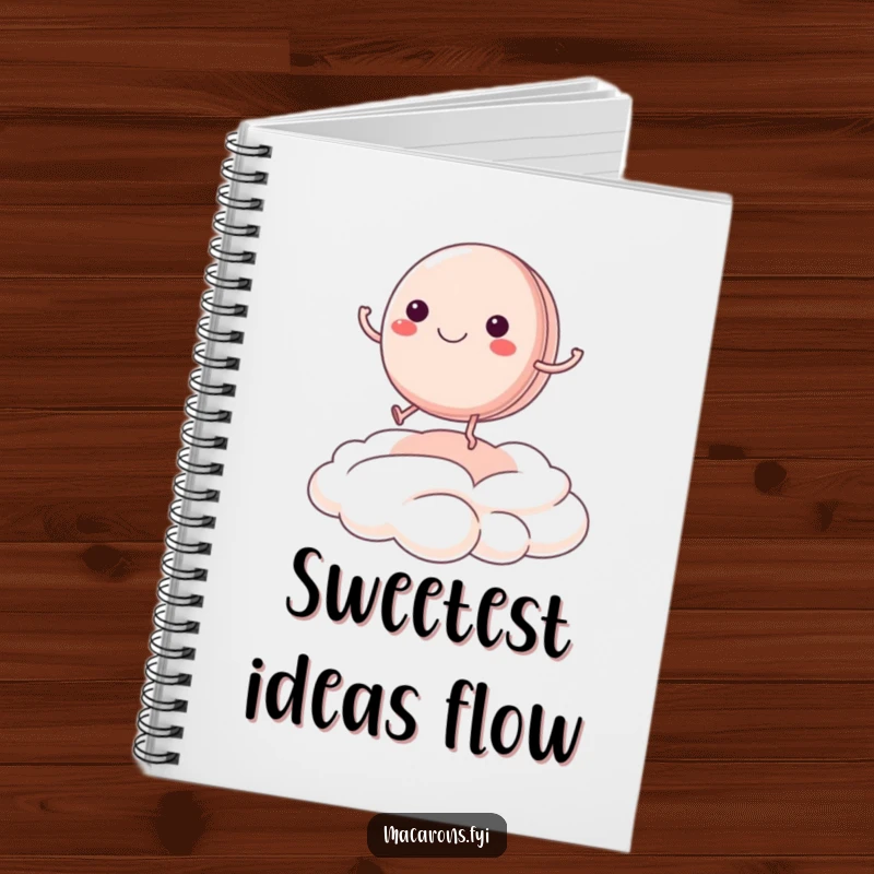 Funny macaron character joyfully bouncing on a cream cloud on a notebook cover, encouraging sweet note-taking.