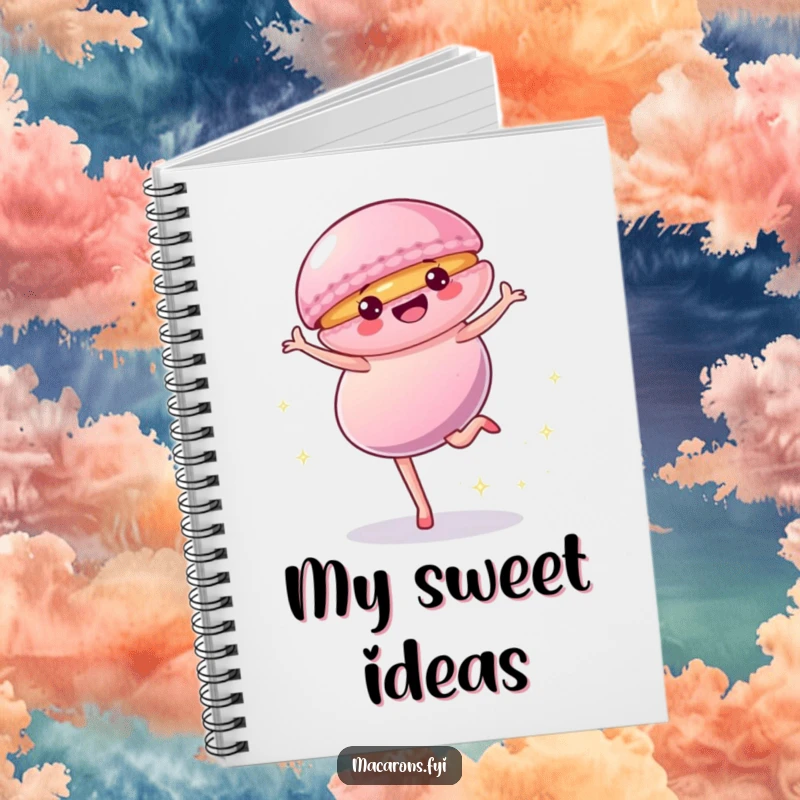 Funny Notebook featuring a macaron character doing a cartwheel with sparkles, ideal for writing, drawing, and capturing sweet inspiration.