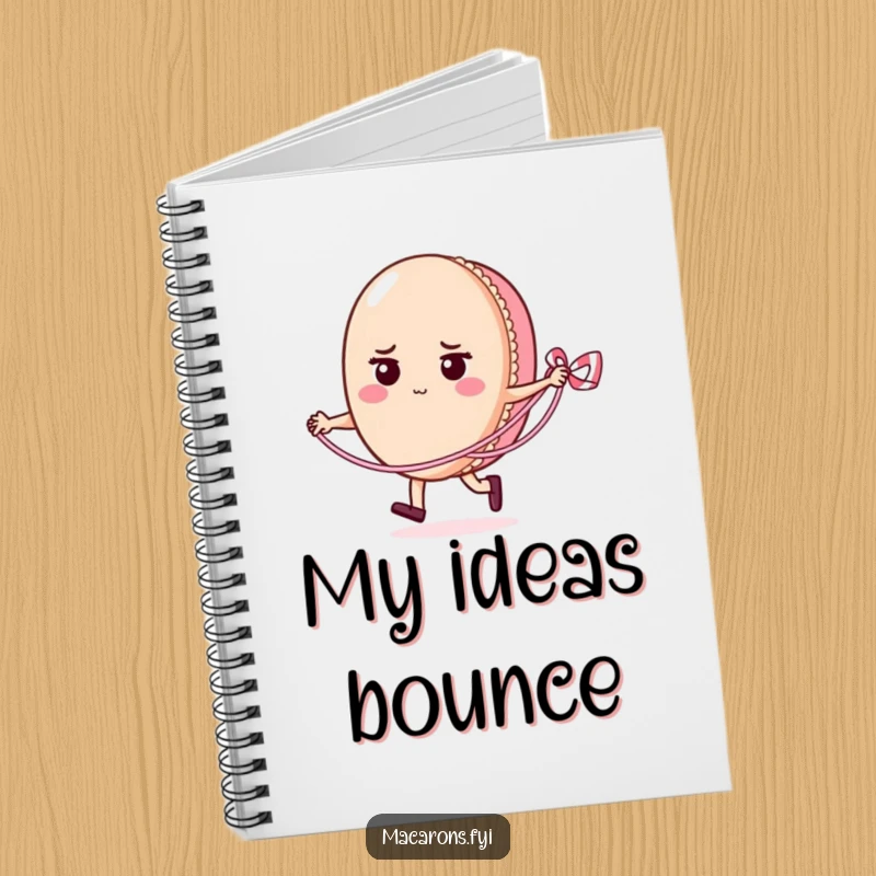 Funny macaron character focused on skipping rope with a licorice lace, featured on the cover of a notebook for writing and drawing.