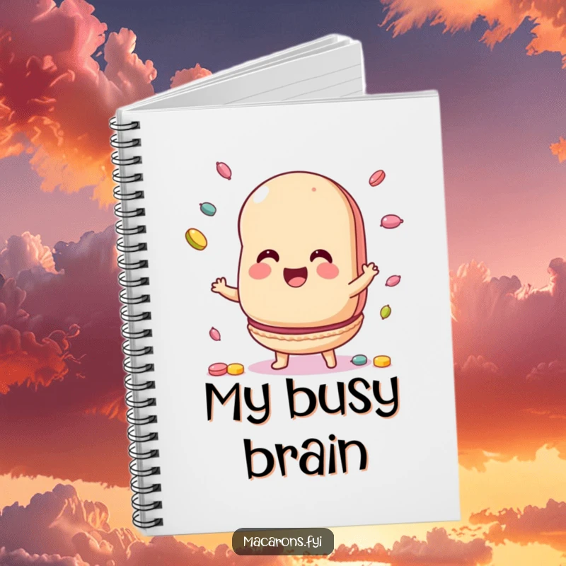 Funny Notebook with a macaron character juggling candies, ideal for writing, brainstorming, and keeping sweet thoughts organized.