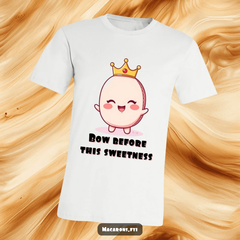 Funny giggling macaron character adorned with a tiny crown, looking exceptionally regal, printed on a comfortable t-shirt.