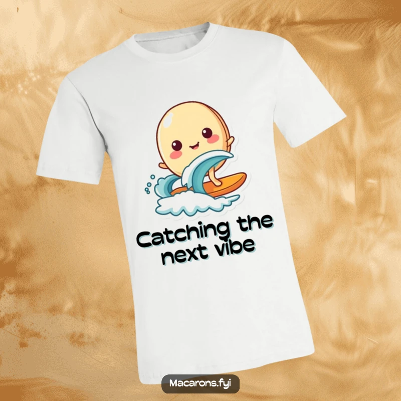 Funny happy macaron character joyfully surfing on a small wave, printed on a comfortable t-shirt for a cool, casual look.