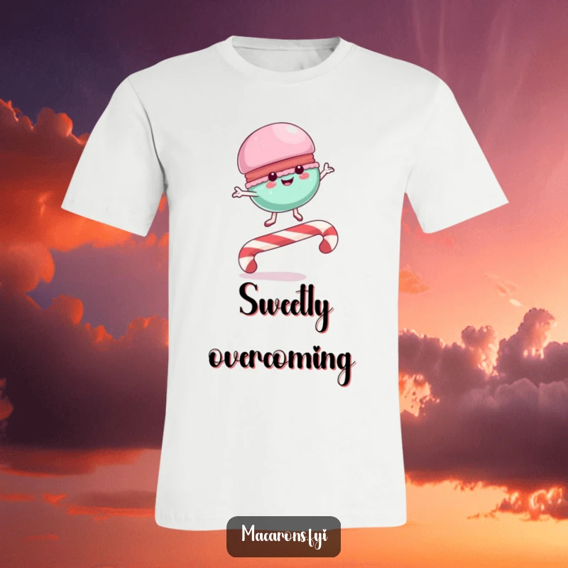 Funny T-Shirt with a macaron character mid-leap over a large, looping candy cane, showcasing sweet agility and excitement.
