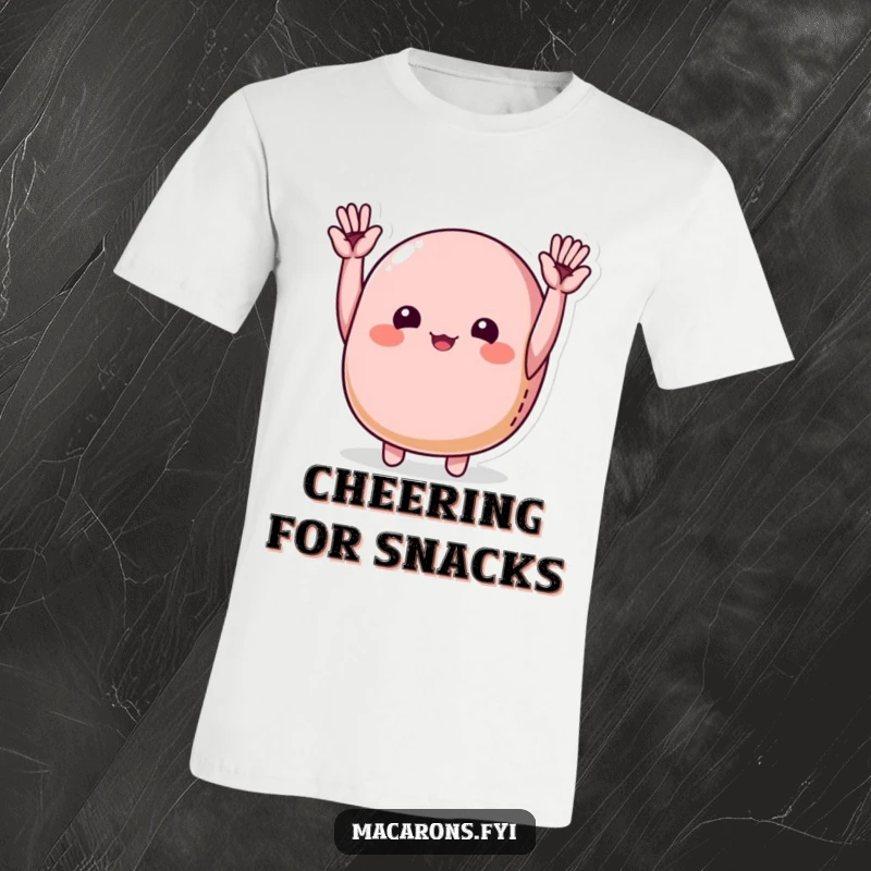 Funny macaron character joyfully cheering with tiny hands raised high, printed on a t-shirt for festive fun.