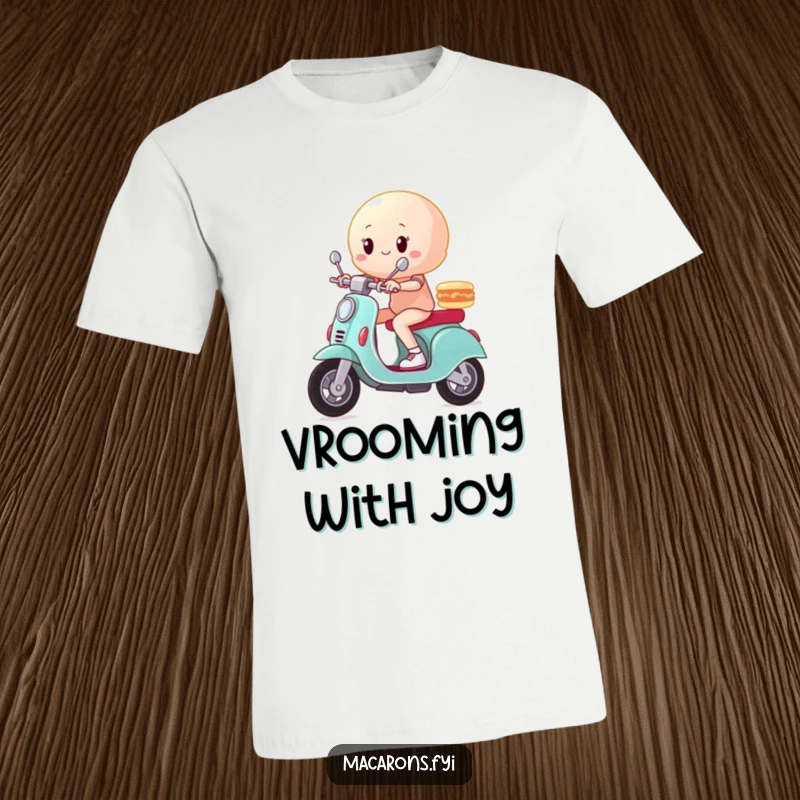Funny macaron character triumphantly posing on a miniature scooter, zooming forward with speed lines, printed on a comfy tee.
