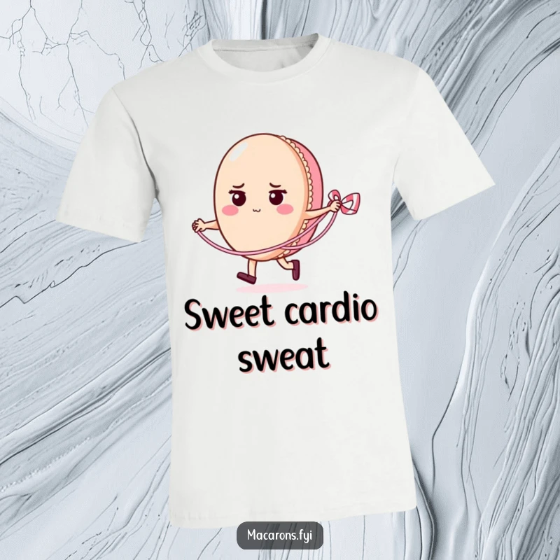 Funny determined macaron character joyfully skipping rope with a licorice lace, printed on a comfortable and stylish t-shirt.