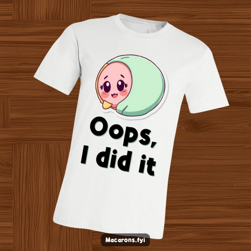 Funny macaron character tumbling with a look of surprised delight, printed on a t-shirt for sweet amusement.