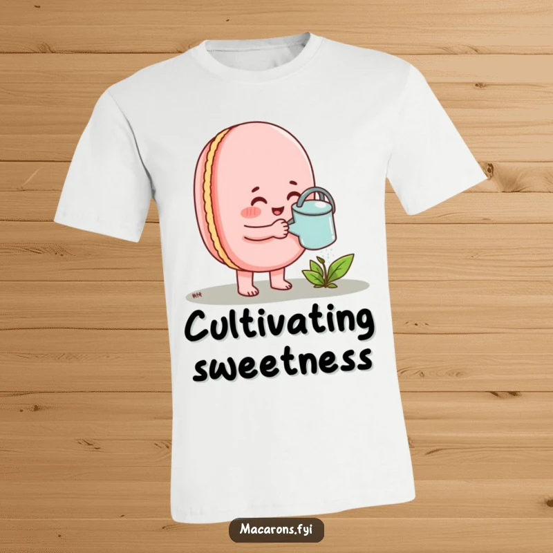 Funny Macaron T-Shirt featuring a happy macaron meticulously watering a small sprout with a miniature watering can.