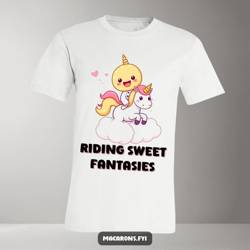 Funny T-Shirt with a macaron character joyfully riding a small unicorn through fluffy clouds made of candy, representing pure fantasy.
