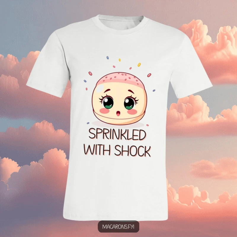 Funny t-shirt featuring a wide-eyed macaron looking up in surprise as a delightful rain of tiny colorful sprinkles falls upon it.