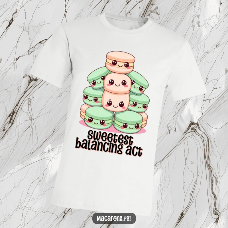 Funny macadamia nut t-shirt with a pyramid of macarons, wide-eyed and happy, one hilariously off-balance.