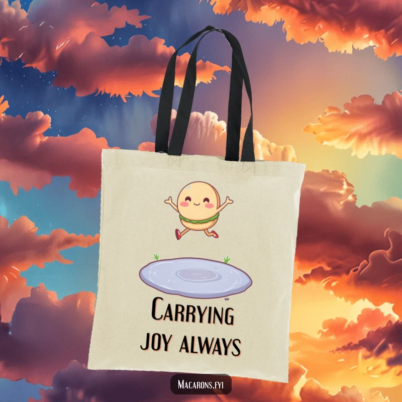 Funny tote bag with a single macaron character leaping joyfully over a tiny puddle, ready for errands with a bounce.